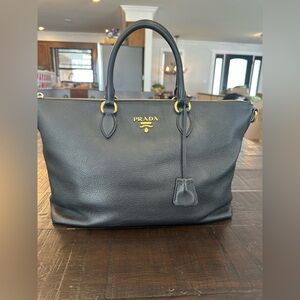 Prada Black Pebbled Leather Top Handle/Crossbody Bag with Gold Hardware